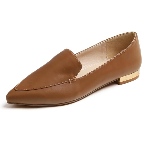 Feversole Women's Camel Brown Plain Vegan Leather Pointed Slip On Flat Loafer - Picture 1 of 5